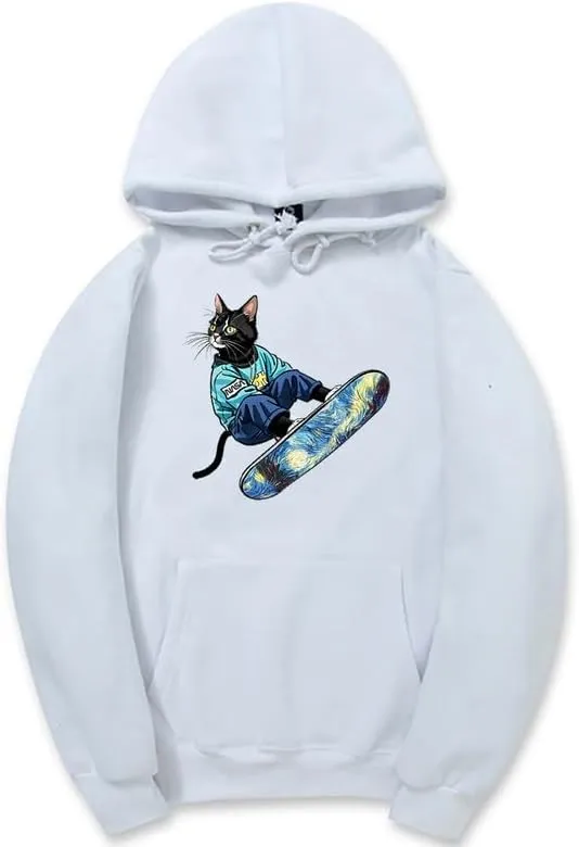 CORIRESHA Unisex Cute Cat Hoodie Casual Long Sleeve Drawstring Basic Skateboarding Sweatshirt