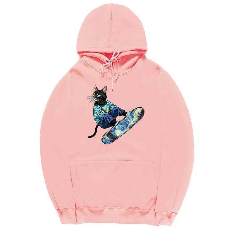 CORIRESHA Unisex Cute Cat Hoodie Casual Long Sleeve Drawstring Basic Skateboarding Sweatshirt