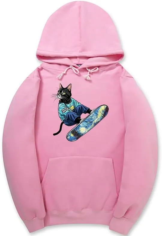 CORIRESHA Unisex Cute Cat Hoodie Casual Long Sleeve Drawstring Basic Skateboarding Sweatshirt