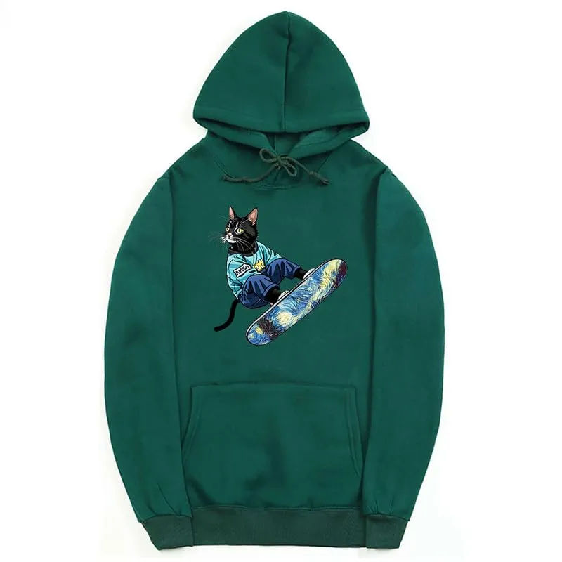 CORIRESHA Unisex Cute Cat Hoodie Casual Long Sleeve Drawstring Basic Skateboarding Sweatshirt