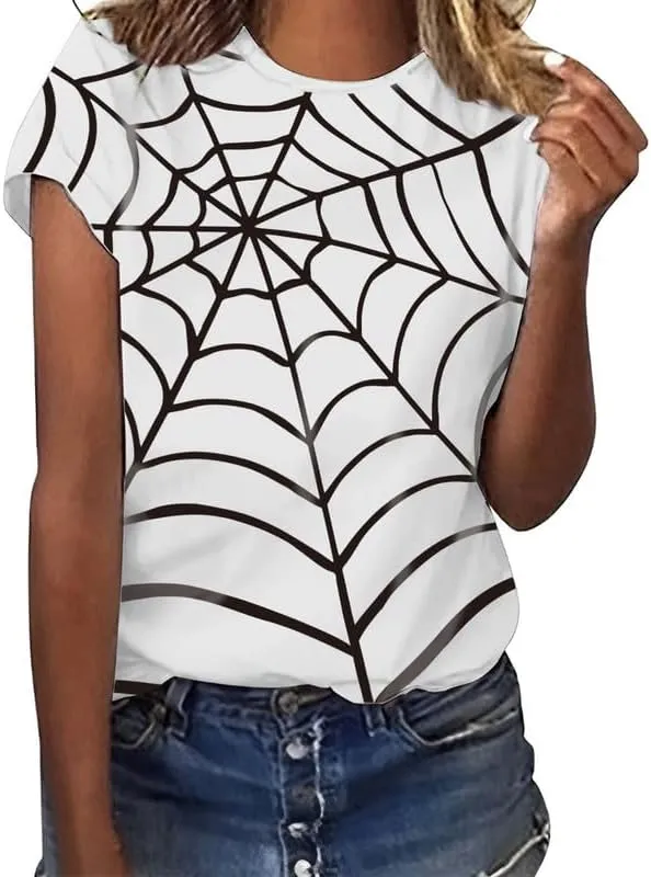 CORIRESHA Women's Y2K Spider Web T-Shirt Short Sleeve Crewneck Casual Halloween Top