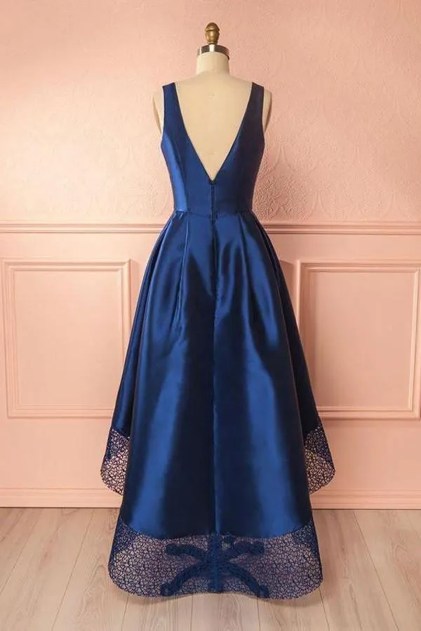 Deep Blue V Neck High Low Lace Satin Prom Dresses Bridesmaid Dresses PG384