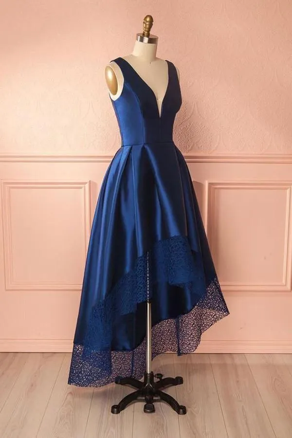 Deep Blue V Neck High Low Lace Satin Prom Dresses Bridesmaid Dresses PG384