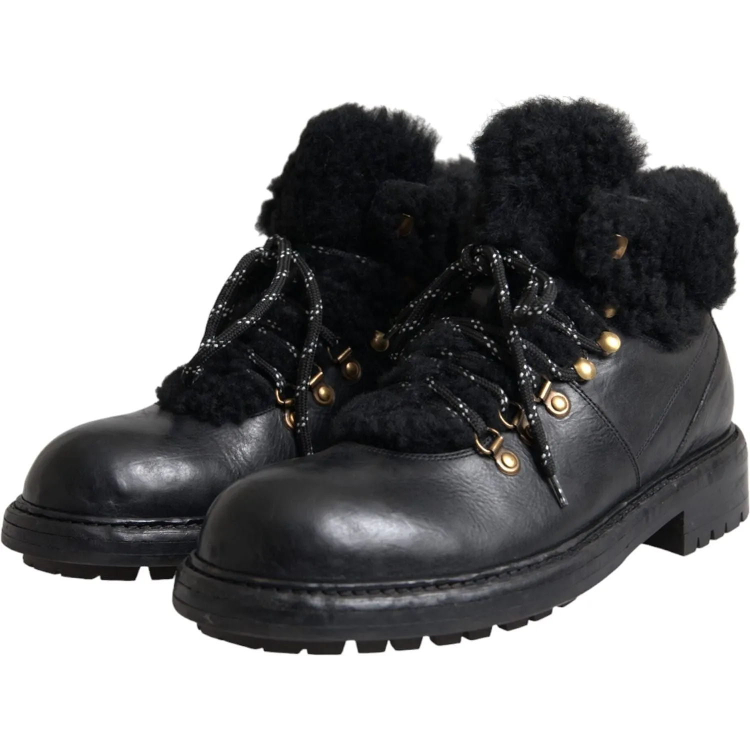 Dolce & Gabbana Black Leather Bernini Shearling Boots Shoes