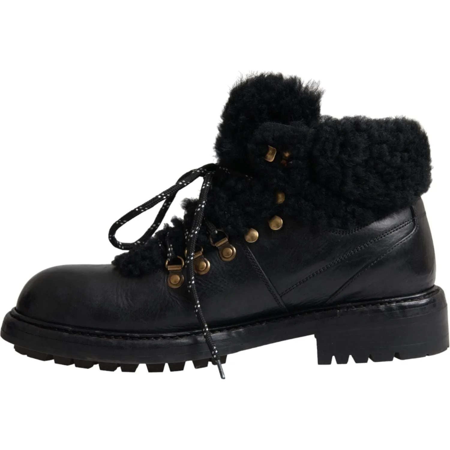 Dolce & Gabbana Black Leather Bernini Shearling Boots Shoes