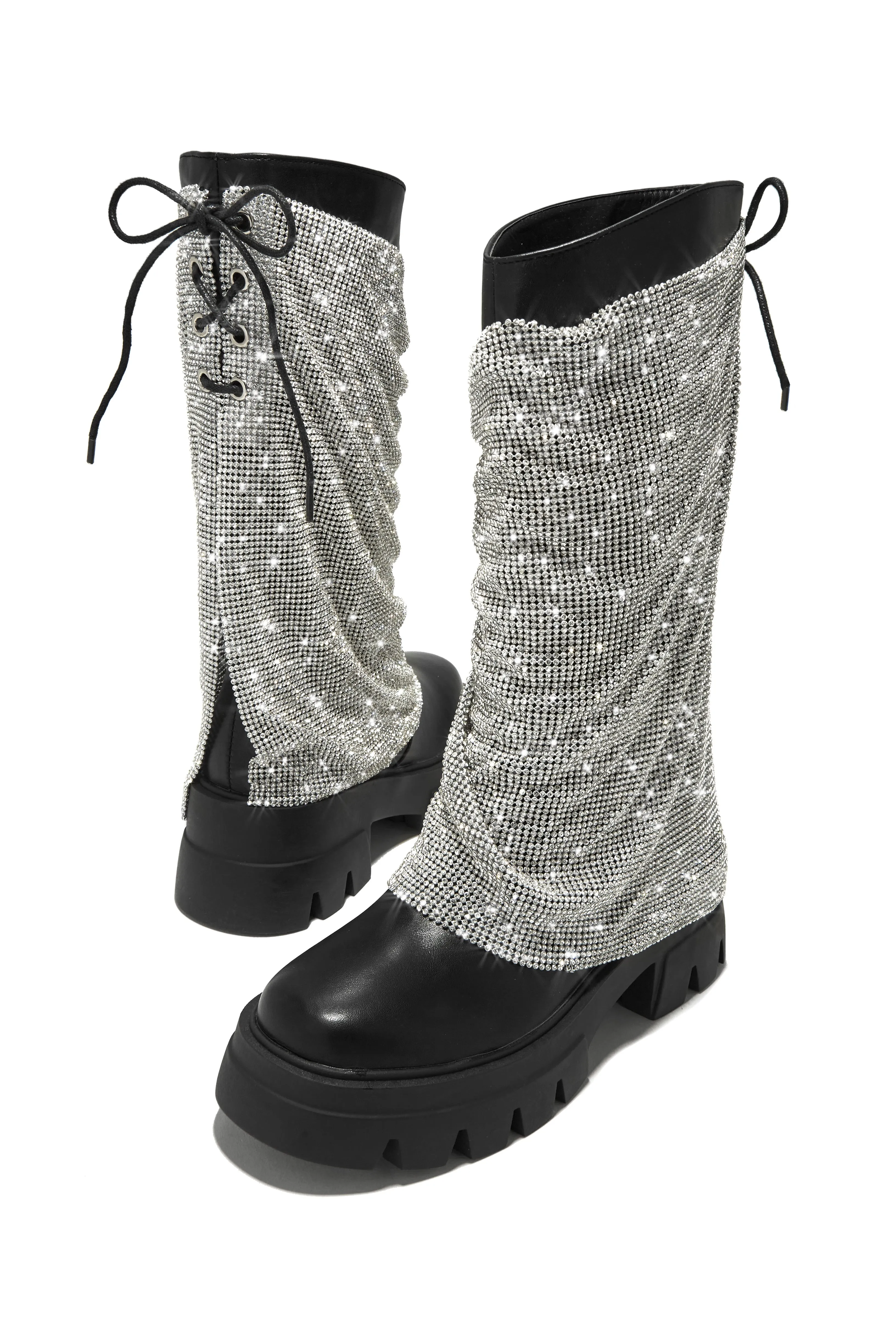 Festival Girl Era Embellished Chunky Platform Boots - Black