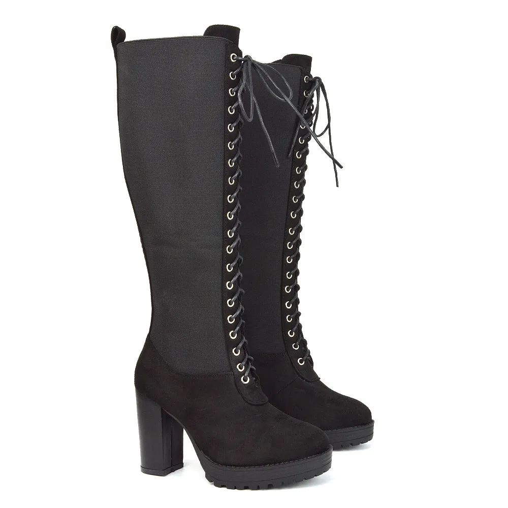 Flossie Lace Up Knee Boots Block Heel Biker Elasticated Calf In Black Faux Suede