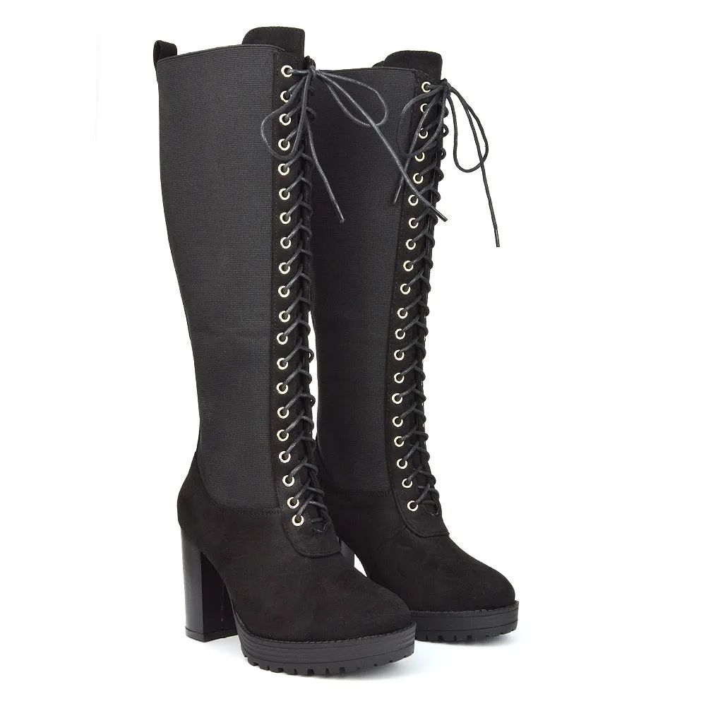 Flossie Lace Up Knee Boots Block Heel Biker Elasticated Calf In Black Faux Suede