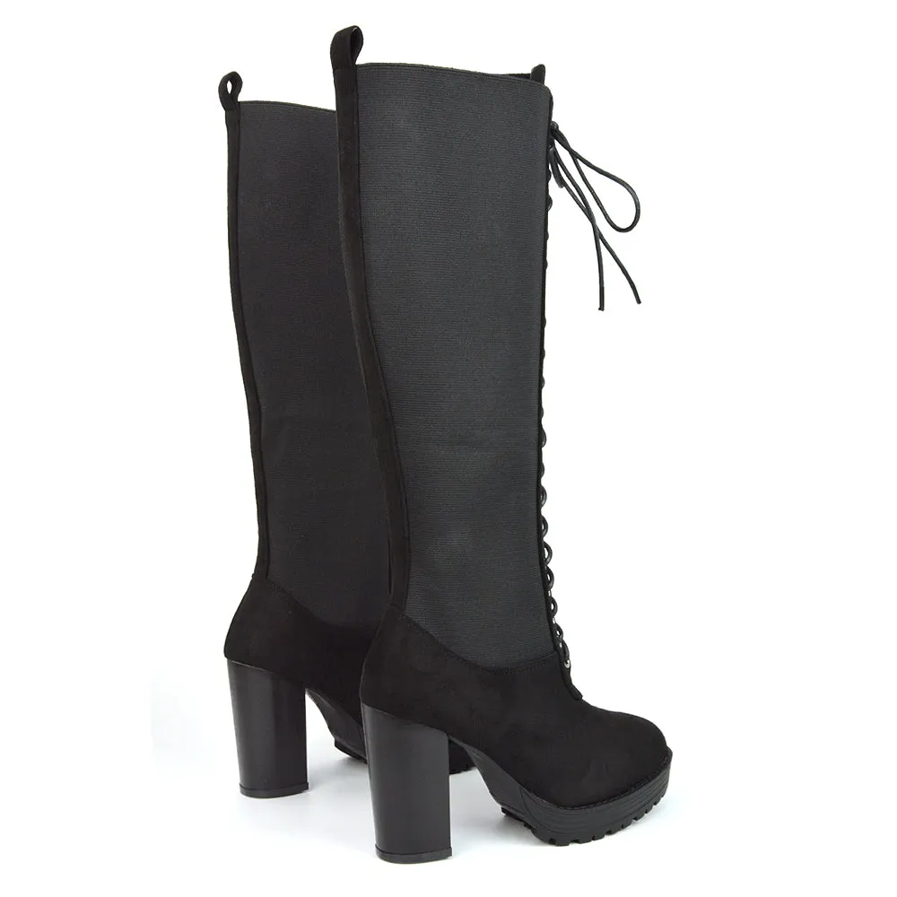 Flossie Lace Up Knee Boots Block Heel Biker Elasticated Calf In Black Faux Suede