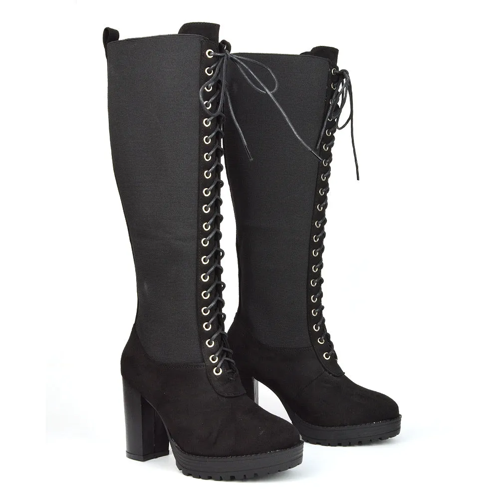 Flossie Lace Up Knee Boots Block Heel Biker Elasticated Calf In Black Faux Suede