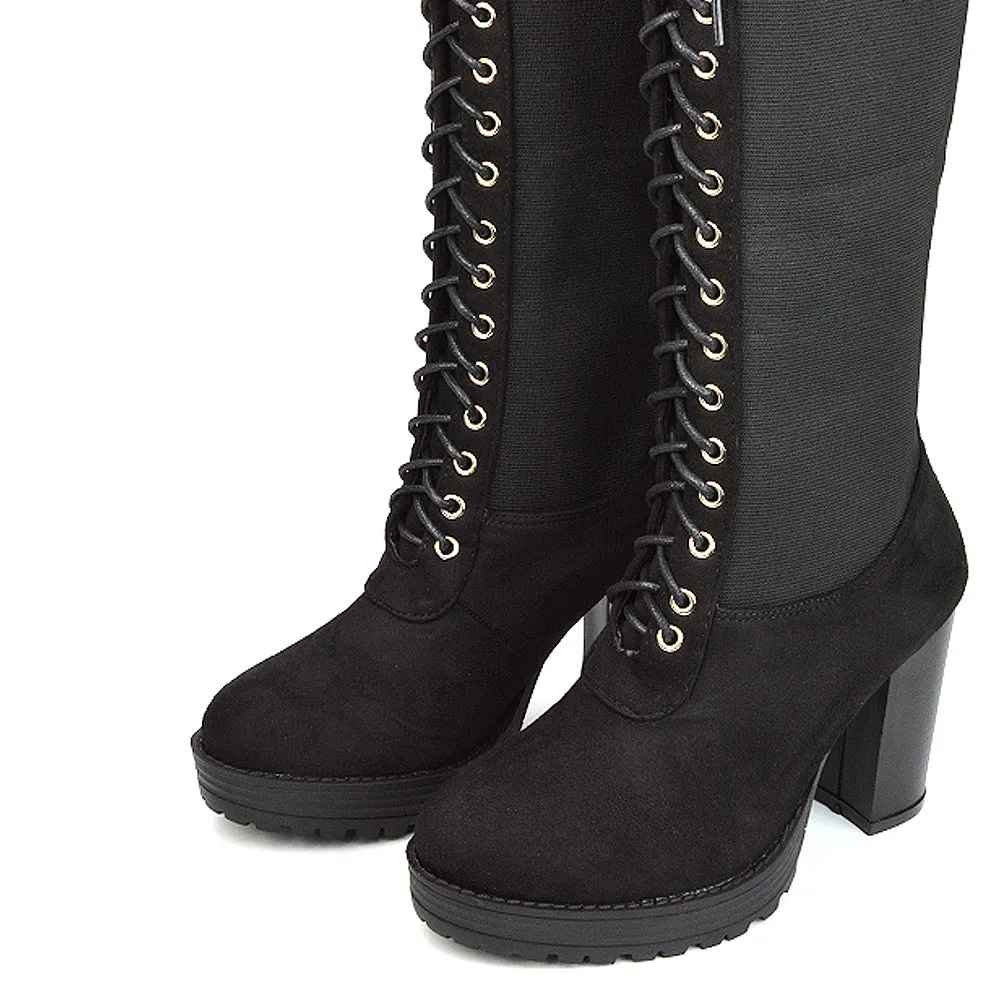 Flossie Lace Up Knee Boots Block Heel Biker Elasticated Calf In Black Faux Suede