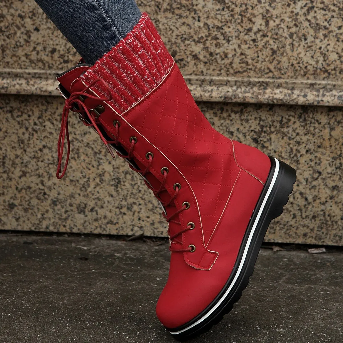 Funki Buys | Boots | Women's Plush Mid-Calf Lace Up Flat Boots