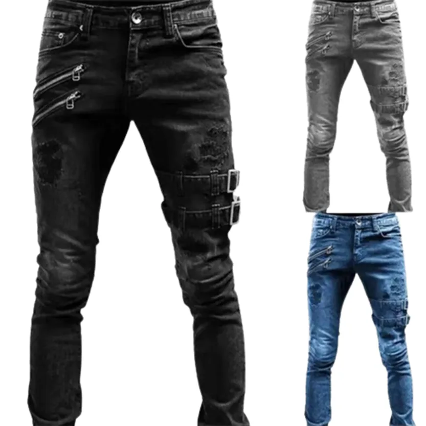 Funki Buys | Pants | Men's Skinny Buckle Strap Zipper Jeans