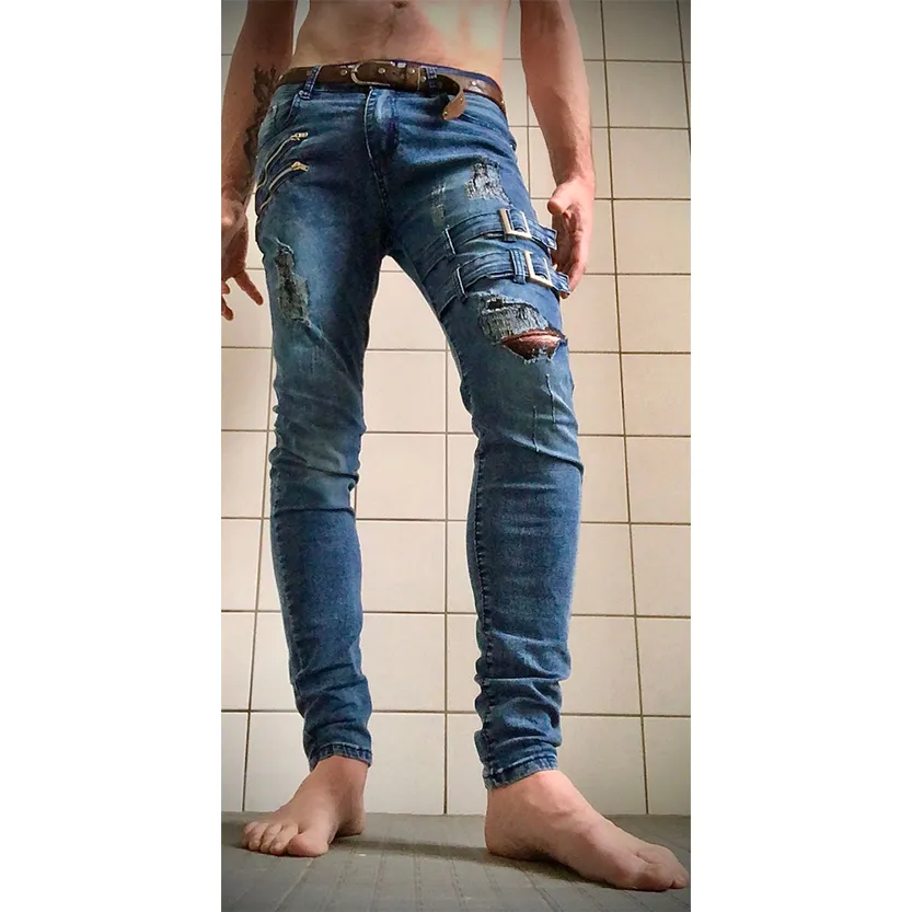 Funki Buys | Pants | Men's Skinny Buckle Strap Zipper Jeans