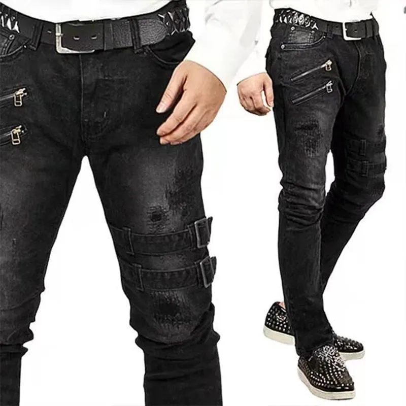 Funki Buys | Pants | Men's Skinny Buckle Strap Zipper Jeans