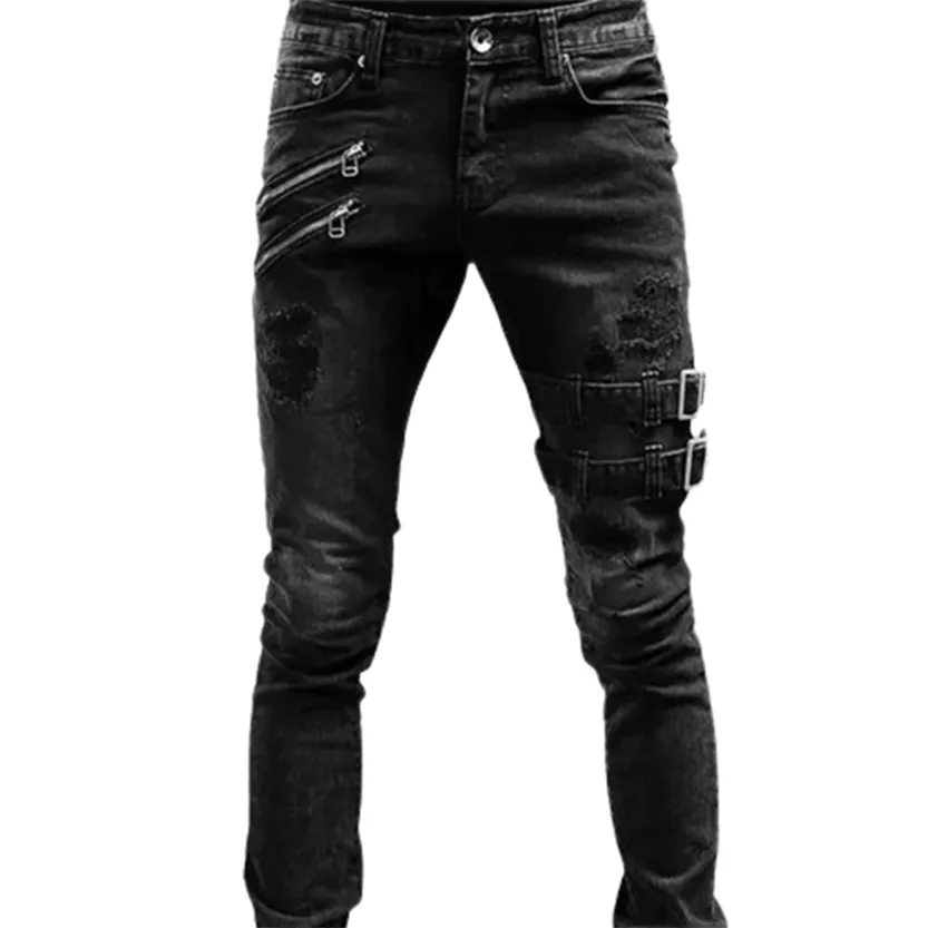 Funki Buys | Pants | Men's Skinny Buckle Strap Zipper Jeans