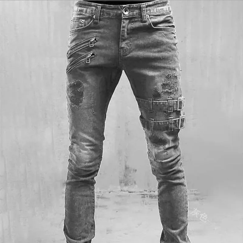 Funki Buys | Pants | Men's Skinny Buckle Strap Zipper Jeans