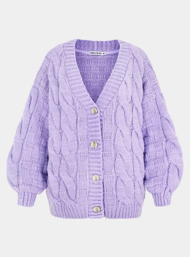 Gemma Basket Stitch Balloon Sleeve Chunky Knit Cardigan - Lilac