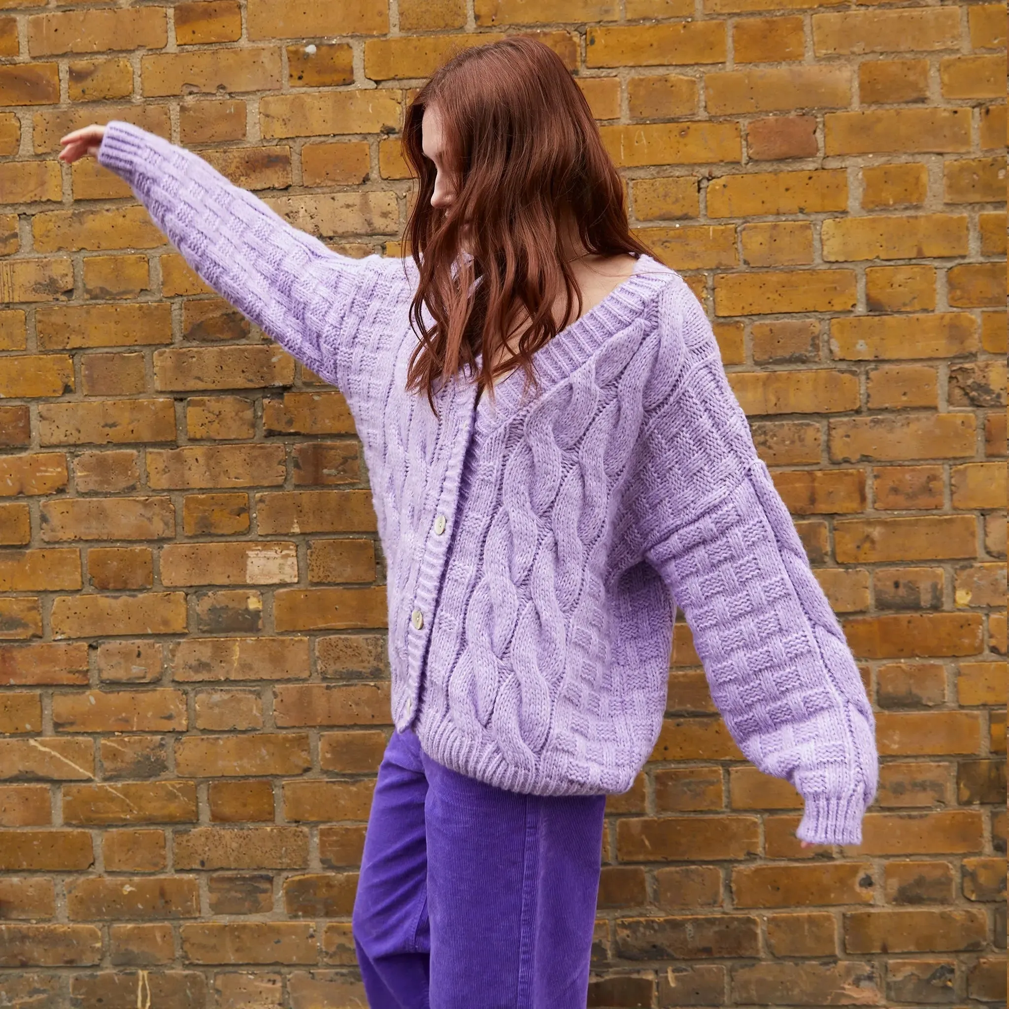 Gemma Basket Stitch Balloon Sleeve Chunky Knit Cardigan - Lilac