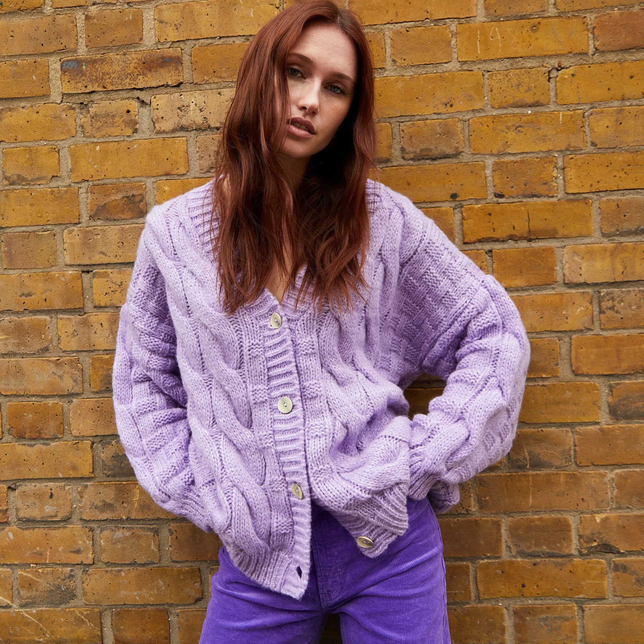 Gemma Basket Stitch Balloon Sleeve Chunky Knit Cardigan - Lilac