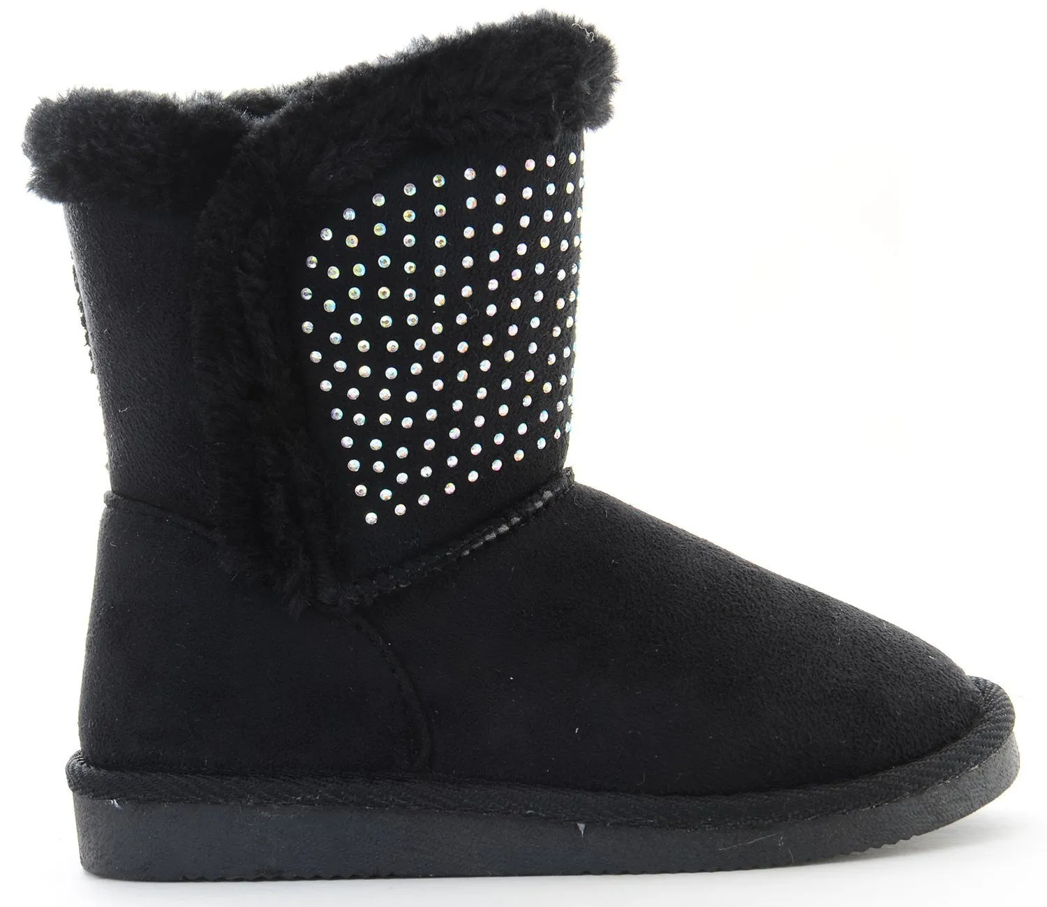 Girls Fur Rhinestone Faux Shearling Round Toe Ankle Boot KIDS Black