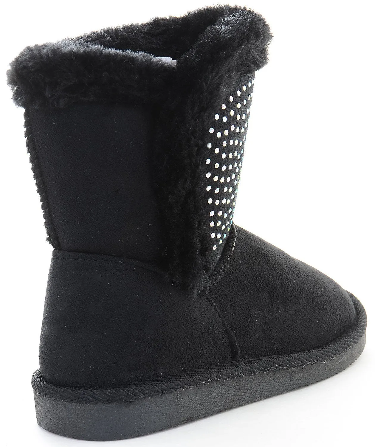 Girls Fur Rhinestone Faux Shearling Round Toe Ankle Boot KIDS Black