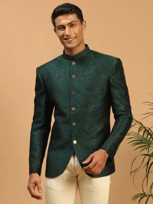 Jashvi Men's Green Silk Blend Jaccard Jodhpuri