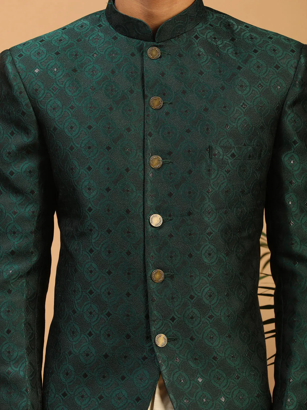 Jashvi Men's Green Silk Blend Jaccard Jodhpuri