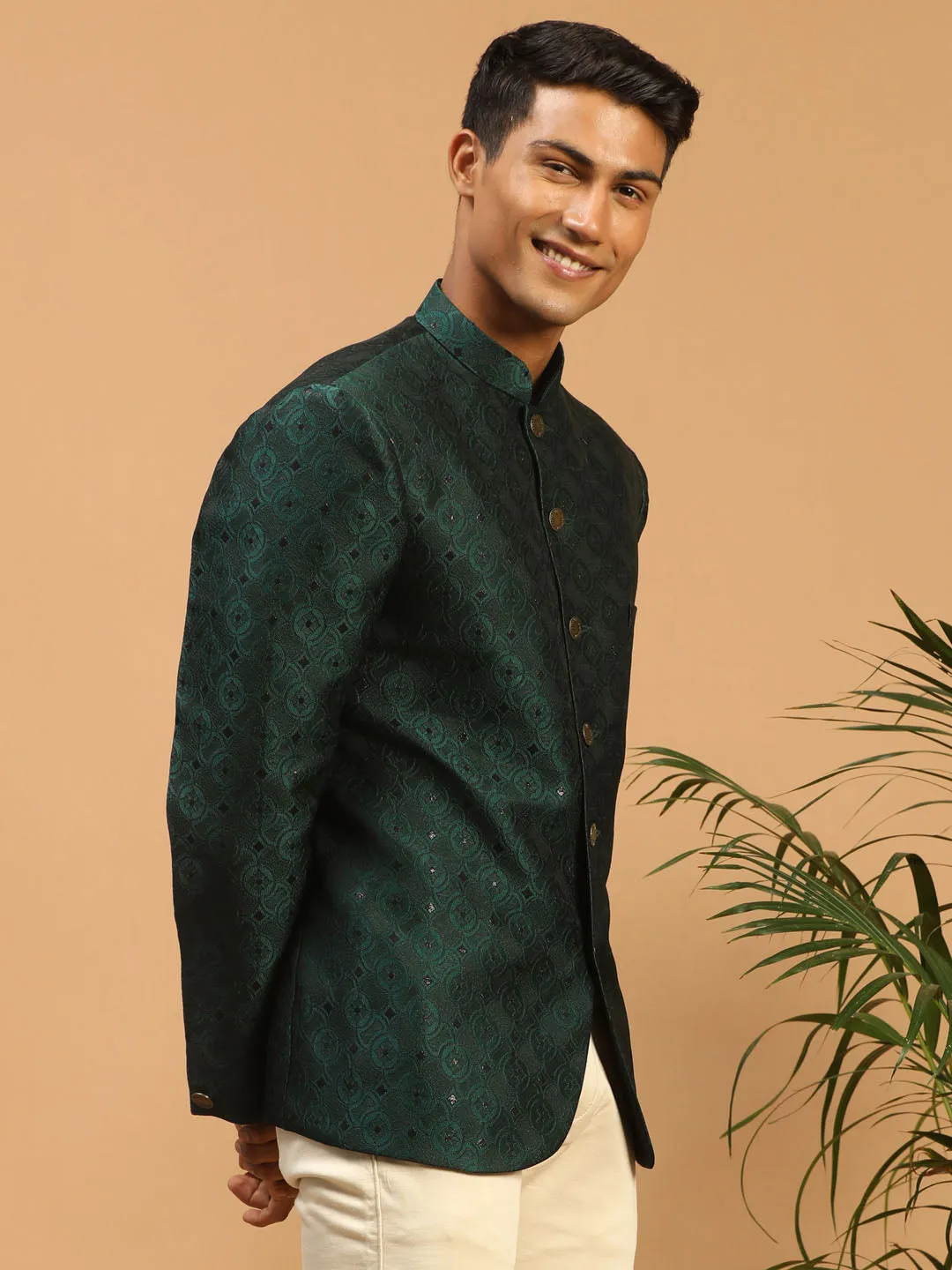 Jashvi Men's Green Silk Blend Jaccard Jodhpuri