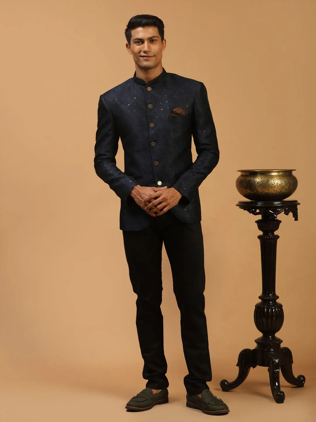 Jashvi Men's Navy Blue Silk Blend Jaccard Jodhpuri