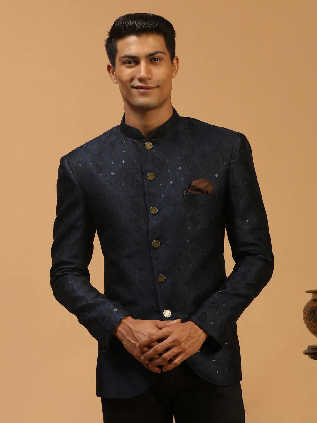 Jashvi Men's Navy Blue Silk Blend Jaccard Jodhpuri