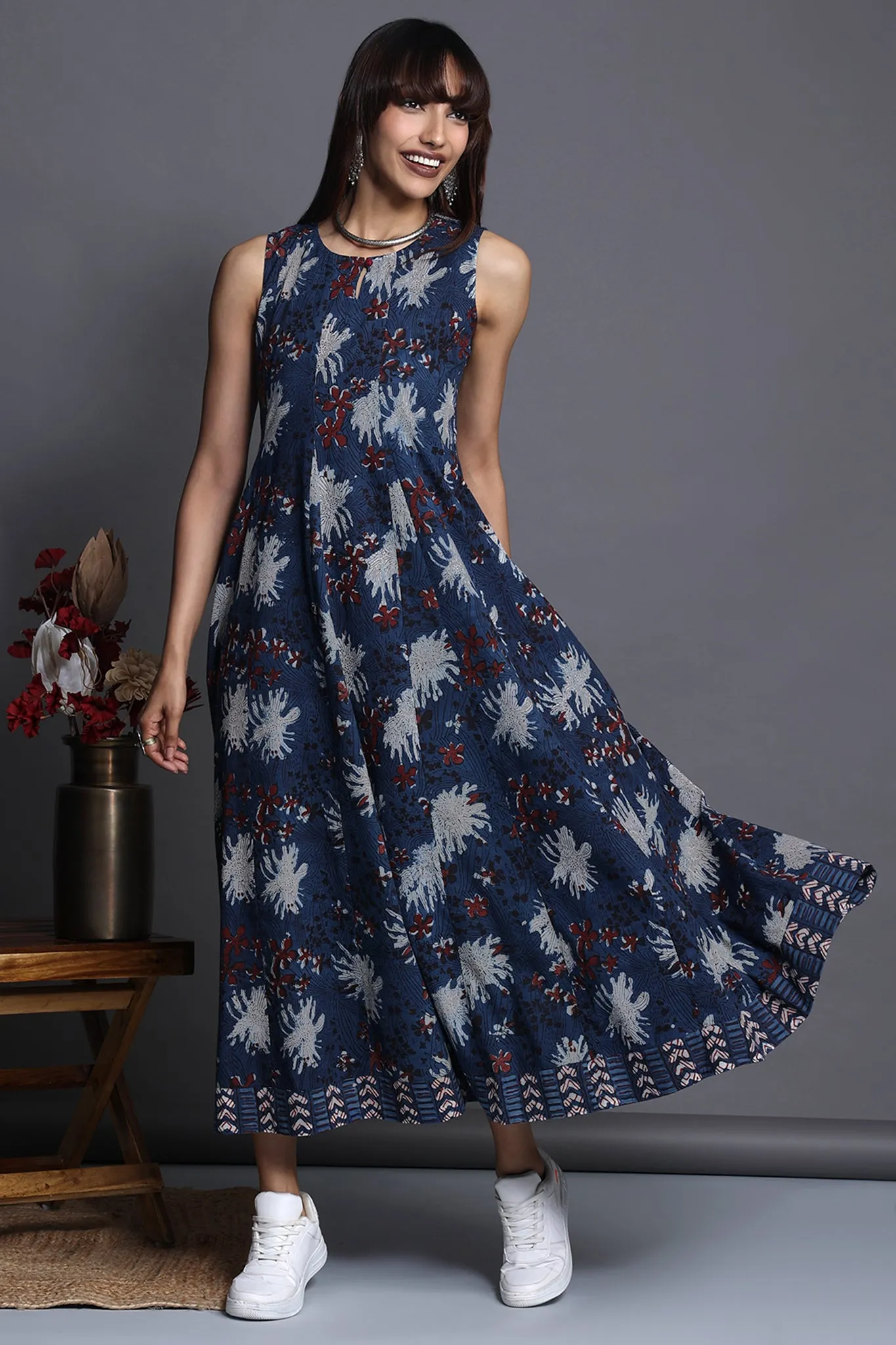 long sleeveless maxi dress - sapphire sparkles & maroon blooms