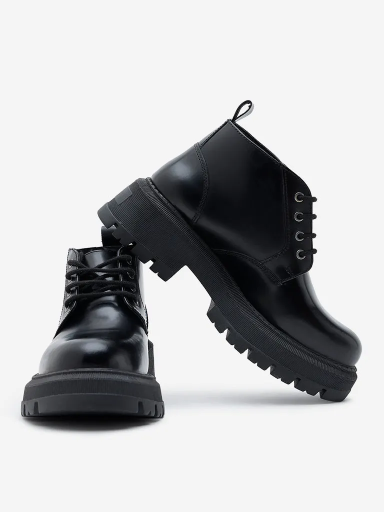 LUNA BLU Black Chunky Leather Biker Boots