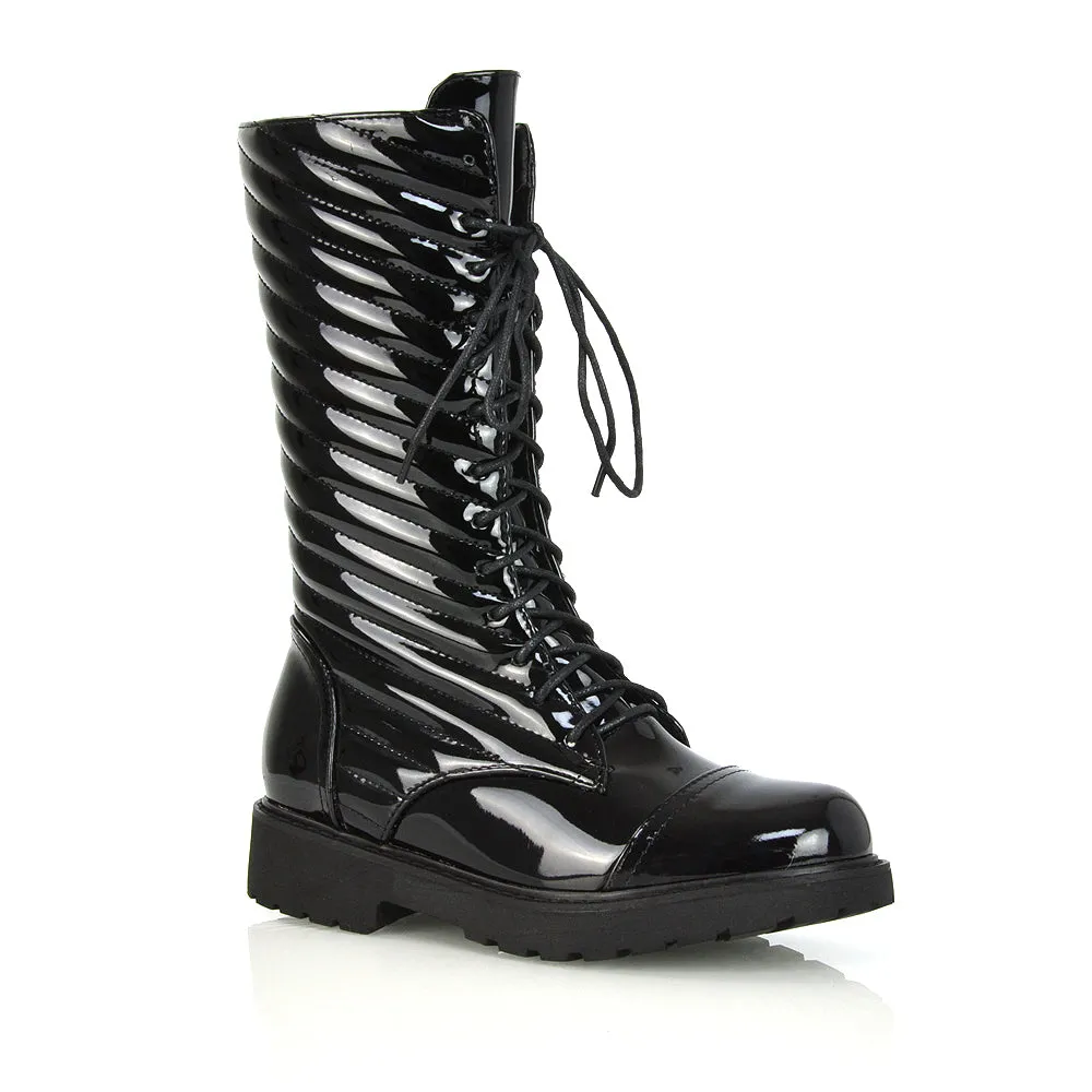 Meadow Padded Detail Zip-up Flat Biker Lace up Ankle Combat Boots in Black Synthetic Leather