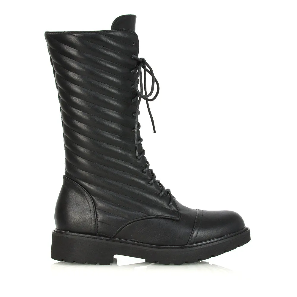 Meadow Padded Detail Zip-up Flat Biker Lace up Ankle Combat Boots in Black Synthetic Leather