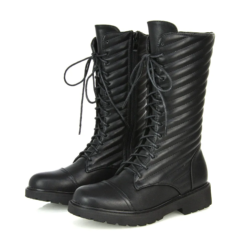 Meadow Padded Detail Zip-up Flat Biker Lace up Ankle Combat Boots in Black Synthetic Leather