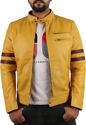 Men’s Yellow Lambskin Leather Motorcycle Jacket with Brown Stripes MJ061