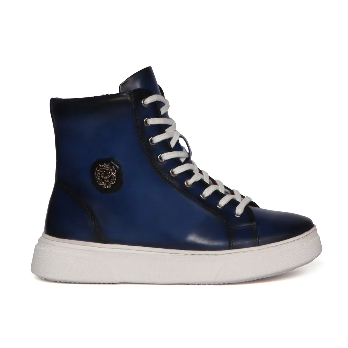 Metal Lion High Ankle Blue Leather Lace-Up Zip Closure Sneaker With  E.V.A Sole By Brune & Bareskin