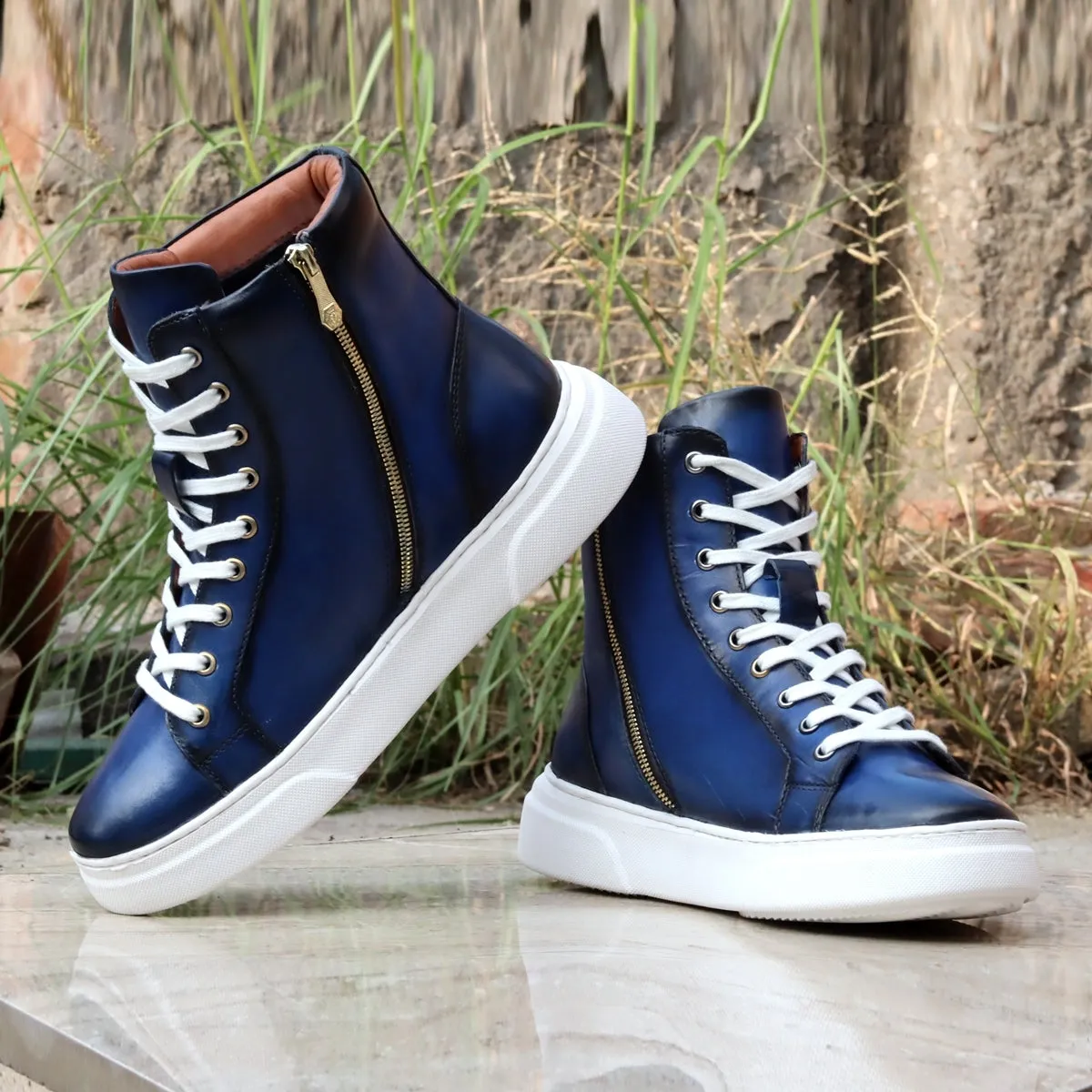 Metal Lion High Ankle Blue Leather Lace-Up Zip Closure Sneaker With  E.V.A Sole By Brune & Bareskin