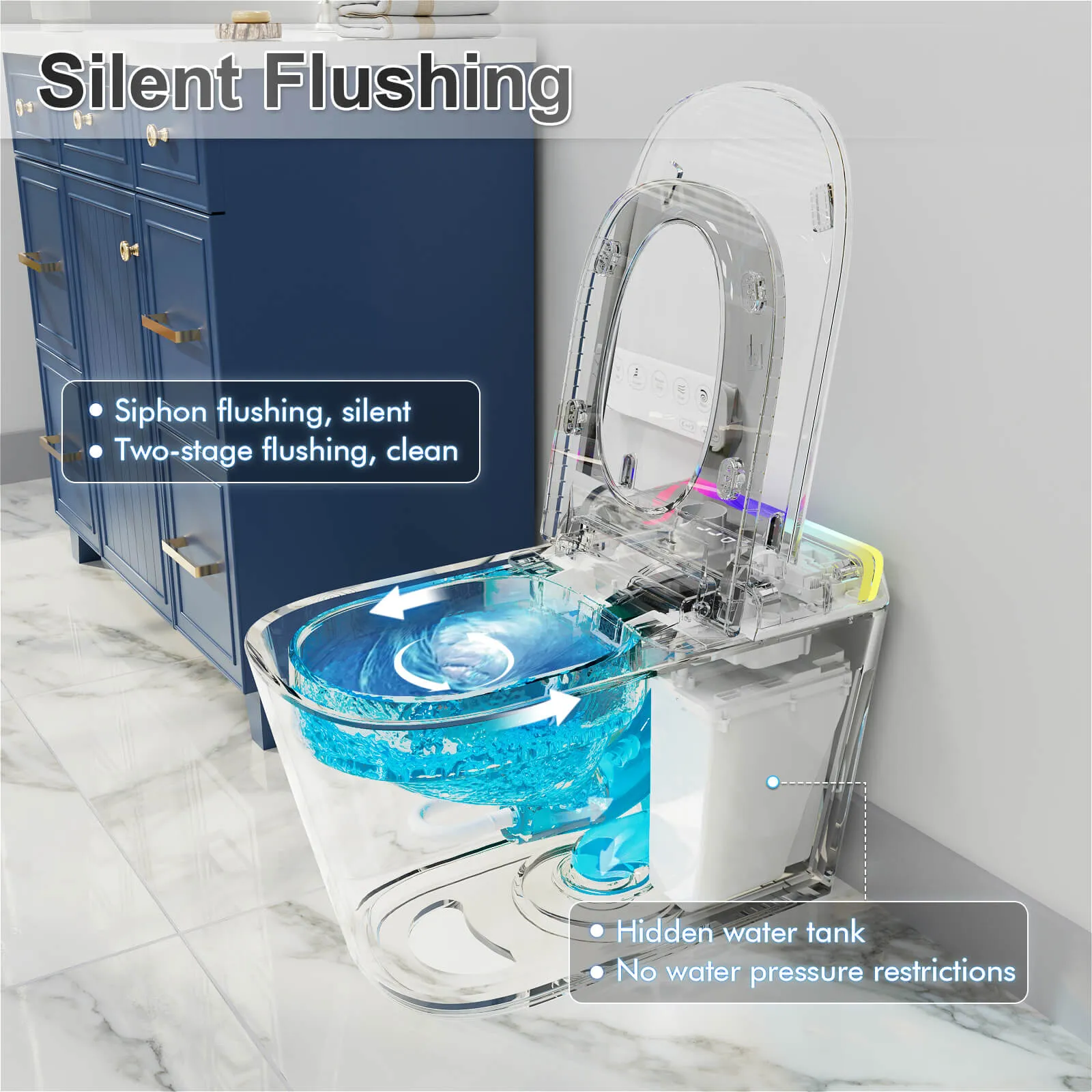 Modern Silent Flushing Smart Bidet Toilet with Built-in Water Tank, LED Light, Remote Control