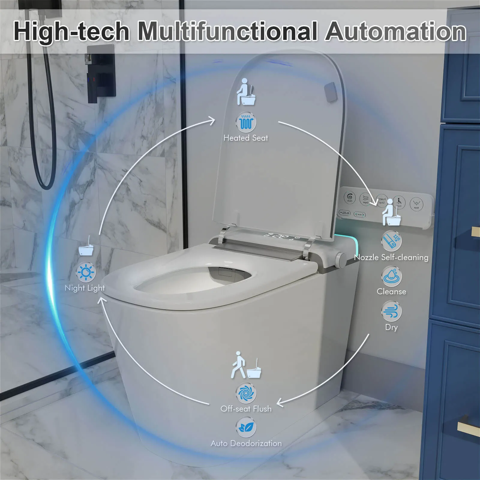 Modern Silent Flushing Smart Bidet Toilet with Built-in Water Tank, LED Light, Remote Control