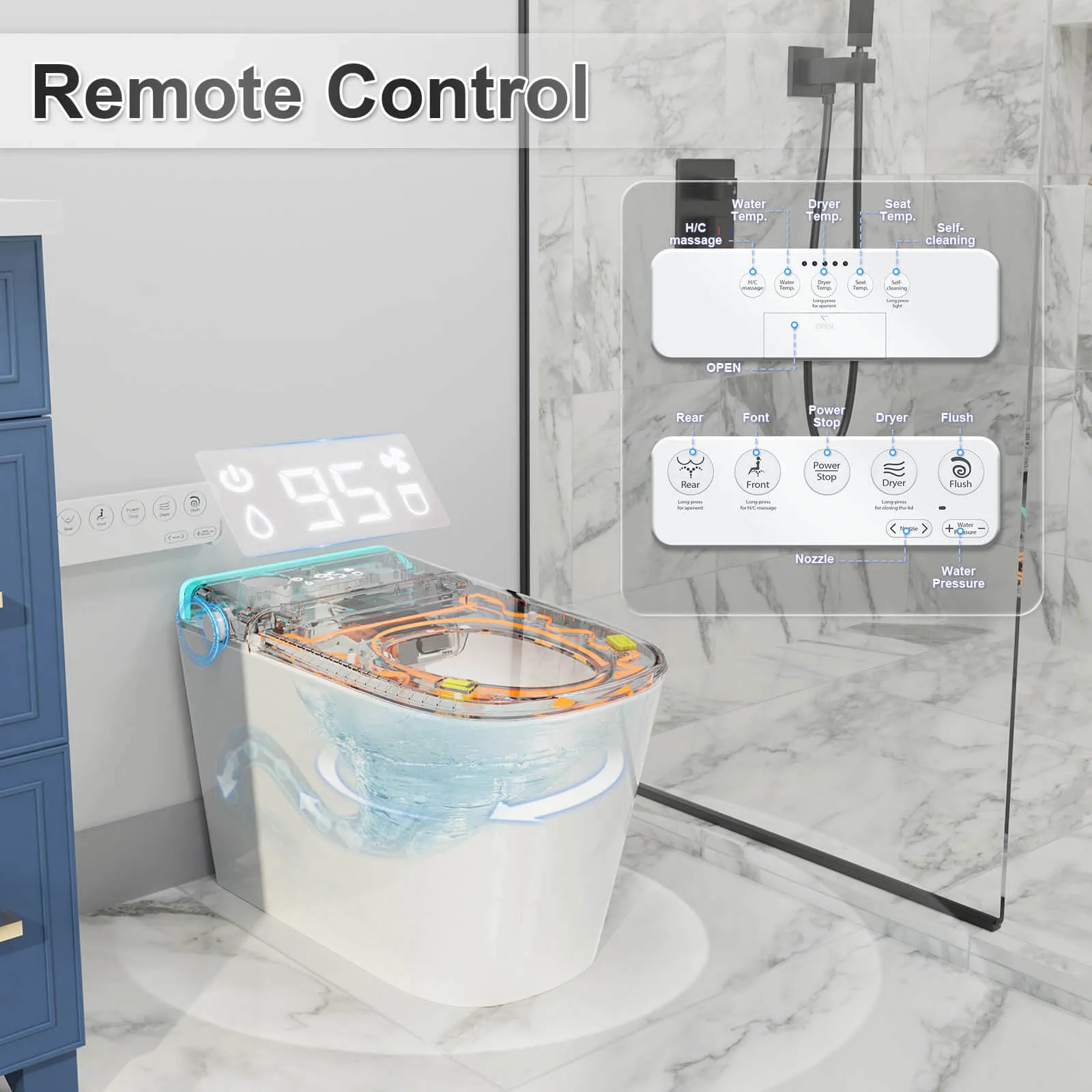 Modern Silent Flushing Smart Bidet Toilet with Built-in Water Tank, LED Light, Remote Control