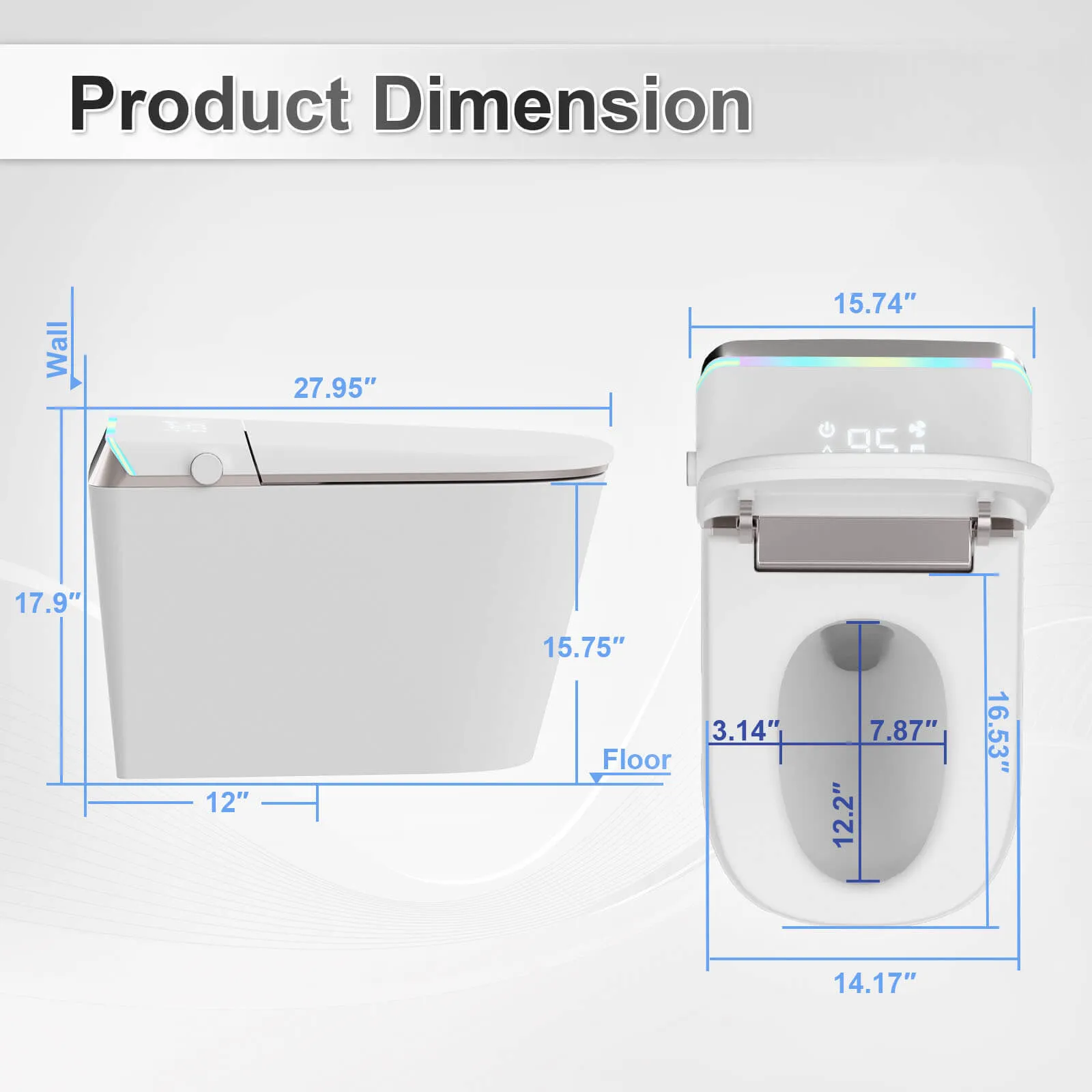 Modern Silent Flushing Smart Bidet Toilet with Built-in Water Tank, LED Light, Remote Control