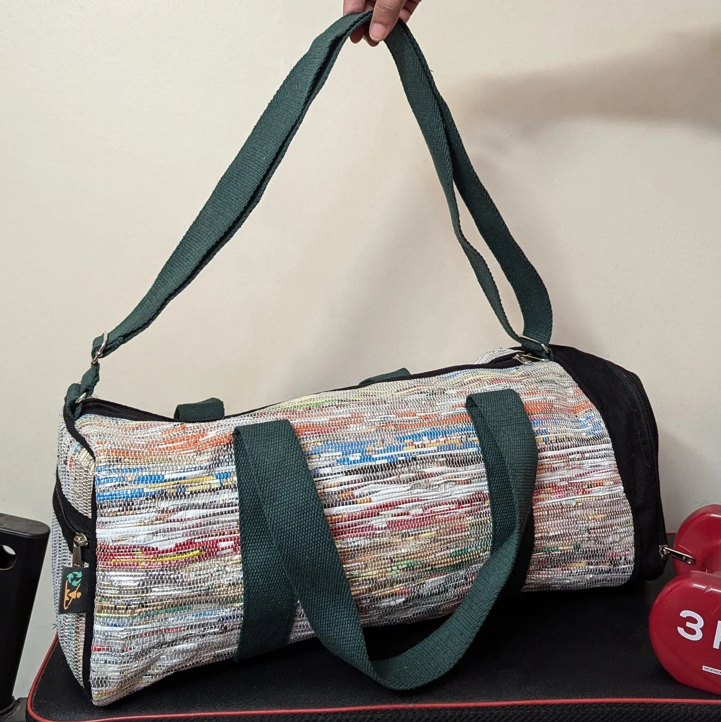 Multicolored Shimmery Upcycled Handwoven Gym Duffle Weekender Bag (GDB1124-015)