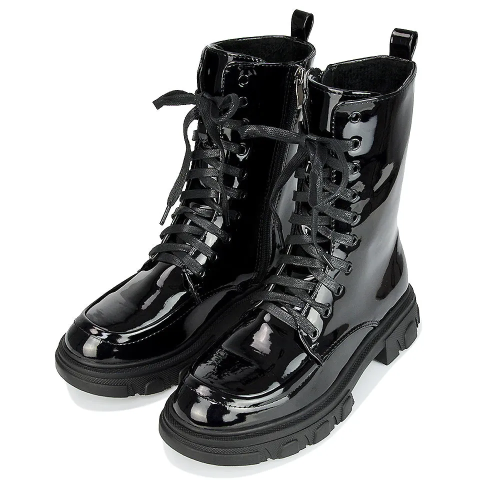 Myra Lace Up Biker Style Flat Combat Ankle Boots in Black Patent