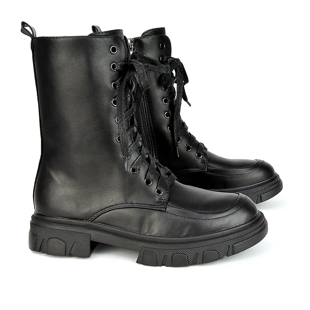 Myra Lace Up Biker Style Flat Combat Ankle Boots in Black Patent