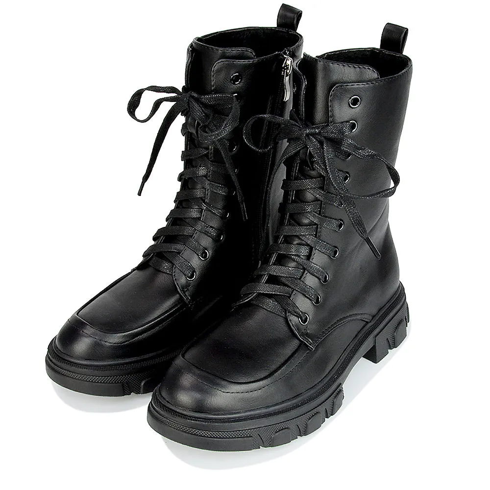 Myra Lace Up Biker Style Flat Combat Ankle Boots in Black Patent