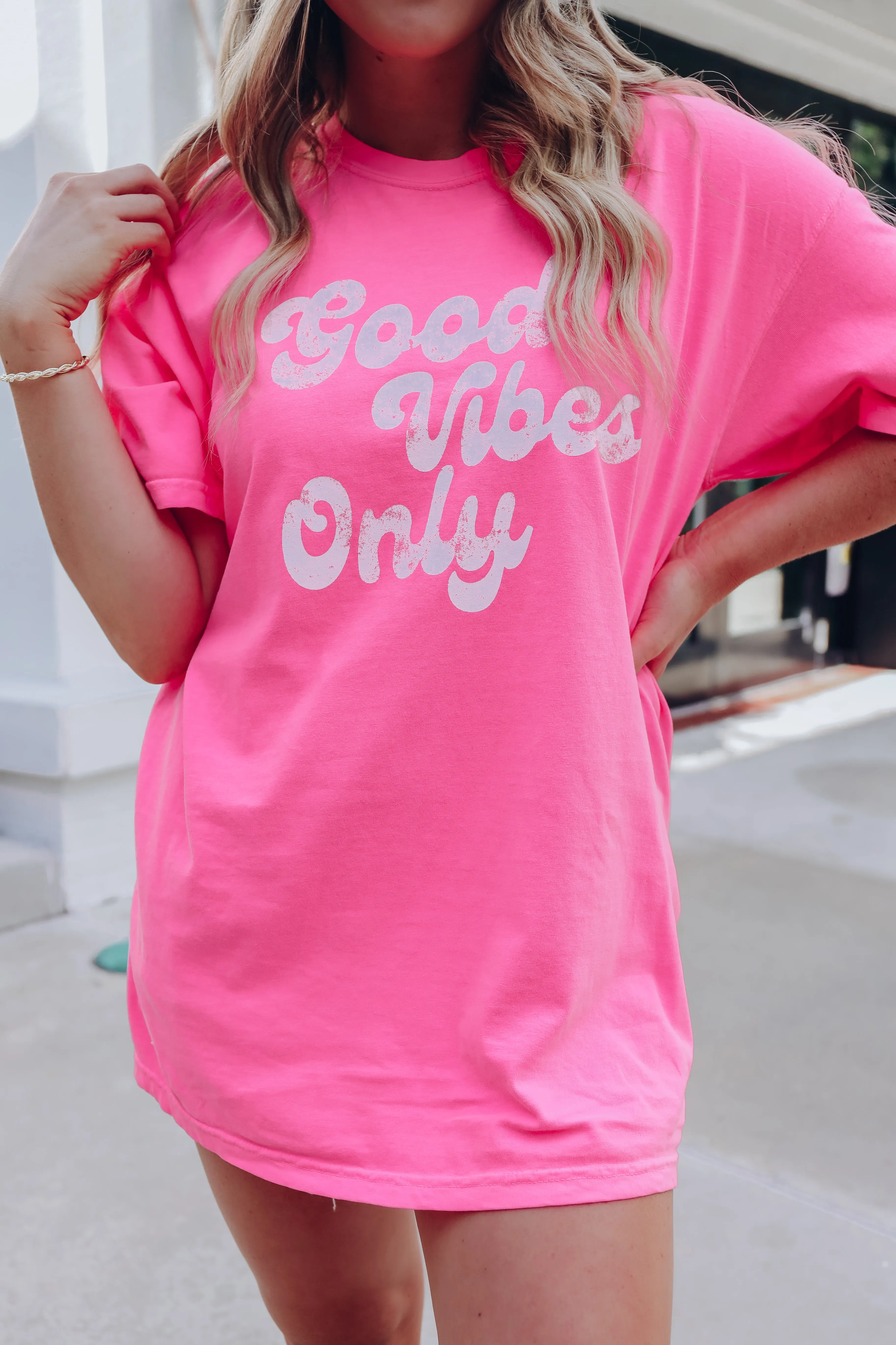 Neon Good Vibes Only Graphic Tee - Neon Pink