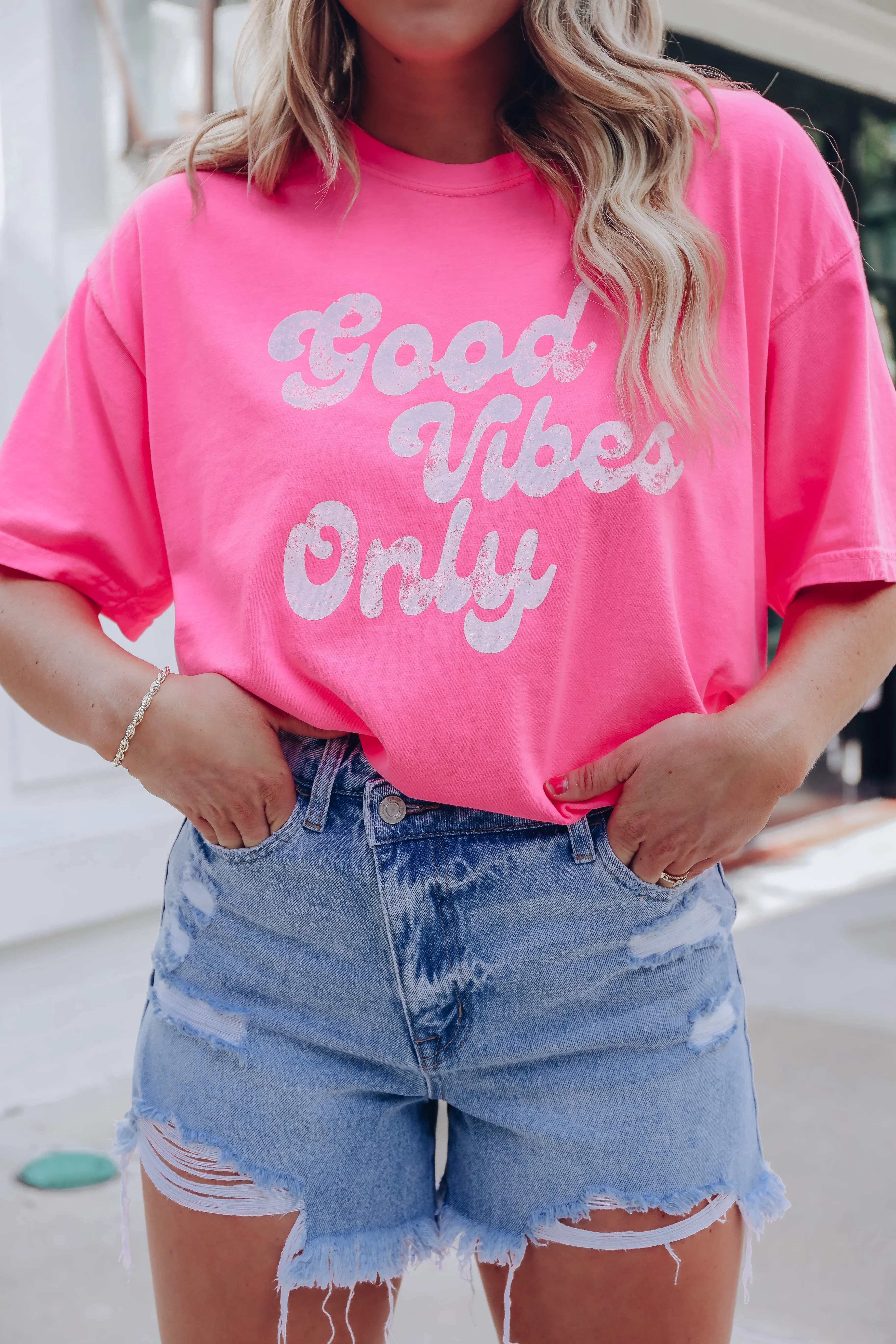 Neon Good Vibes Only Graphic Tee - Neon Pink