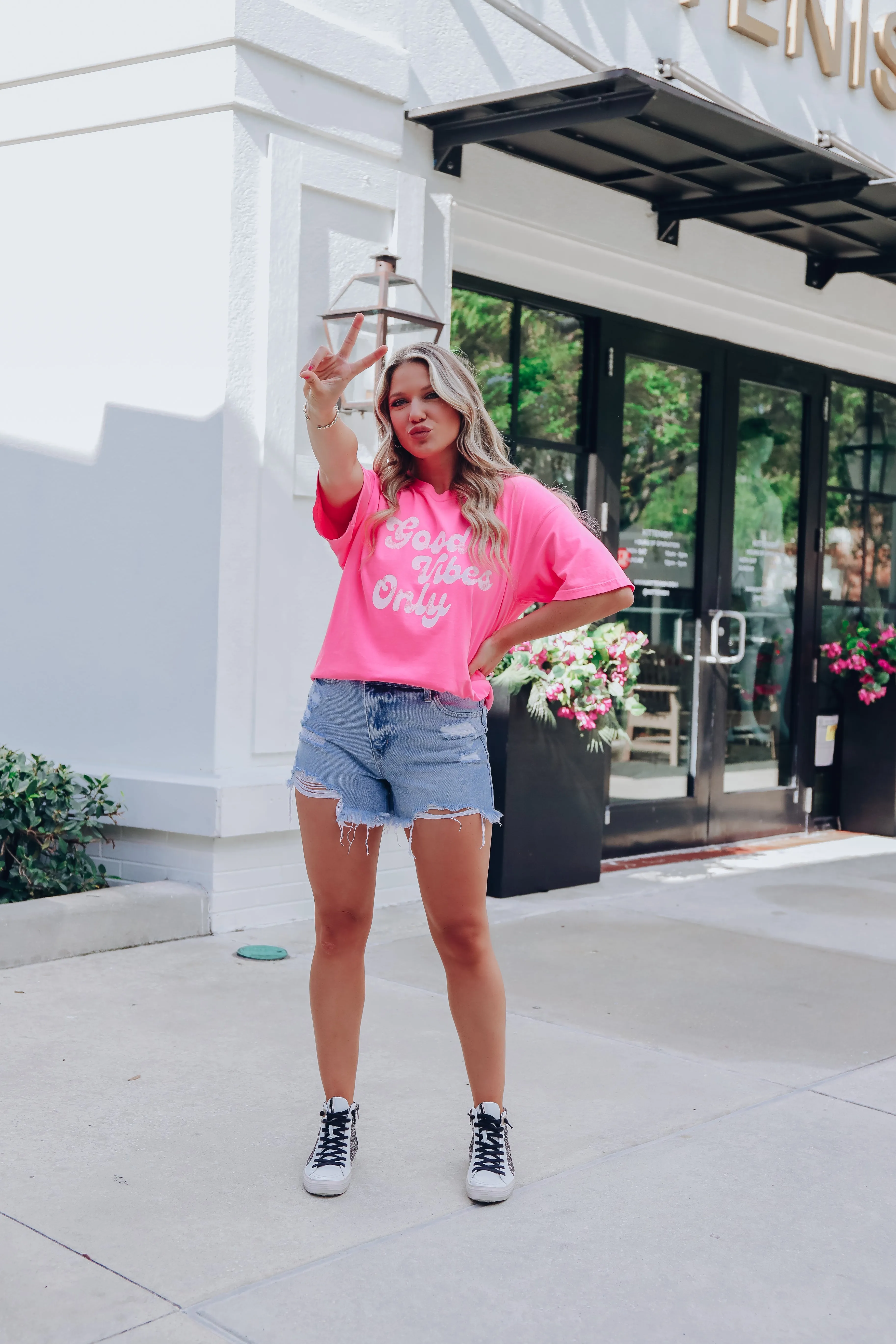 Neon Good Vibes Only Graphic Tee - Neon Pink